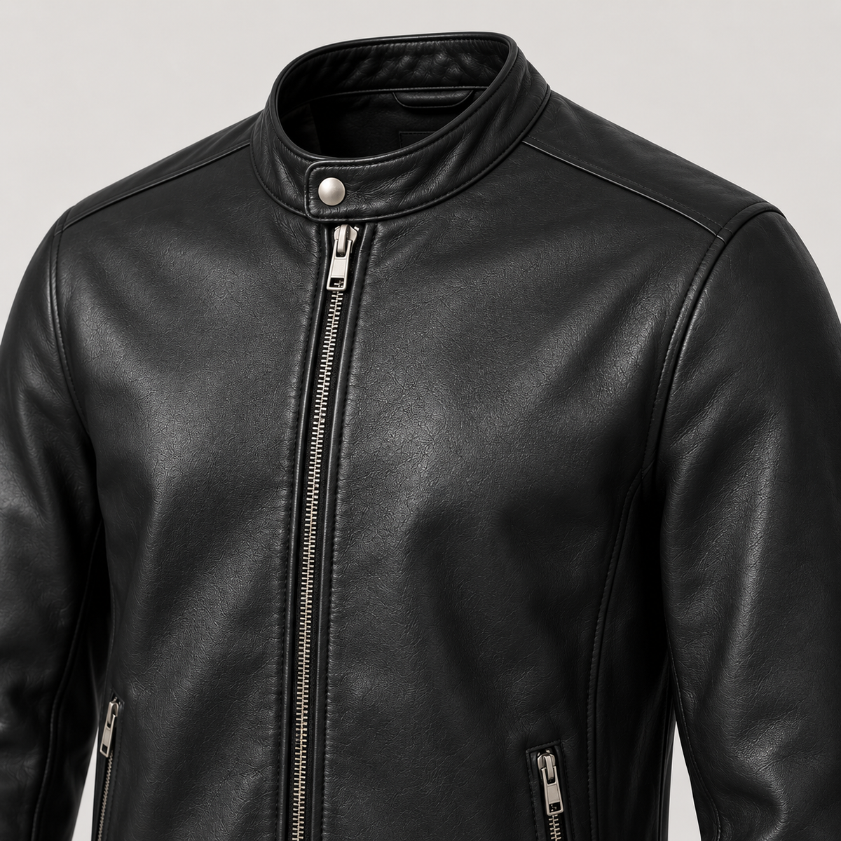 Monal Men's Black Leather Cafe Racer Jacket — collar detail — AI-generated illustration