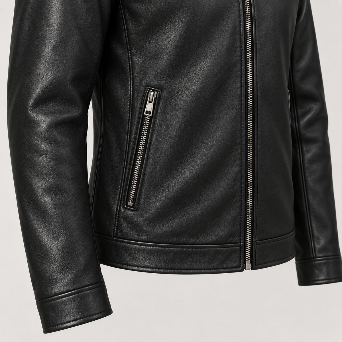 Monal Men's Black Leather Cafe Racer Jacket — pocket detail — AI-generated illustration