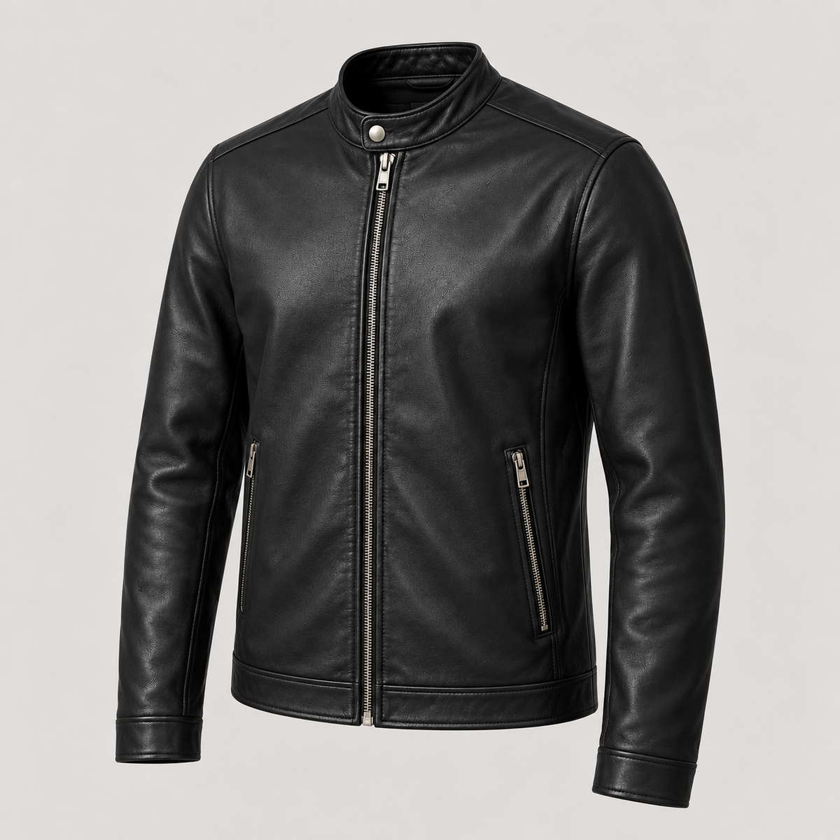 Monal Men's Black Leather Cafe Racer Jacket — three quarter view a — AI-generated illustration