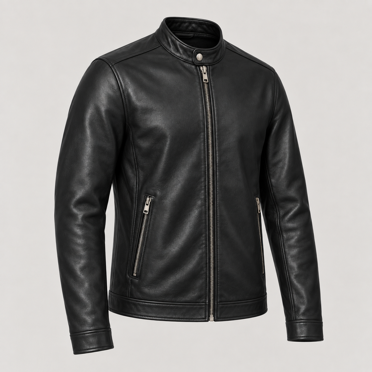 Monal Men's Black Leather Cafe Racer Jacket — three quarter view b — AI-generated illustration