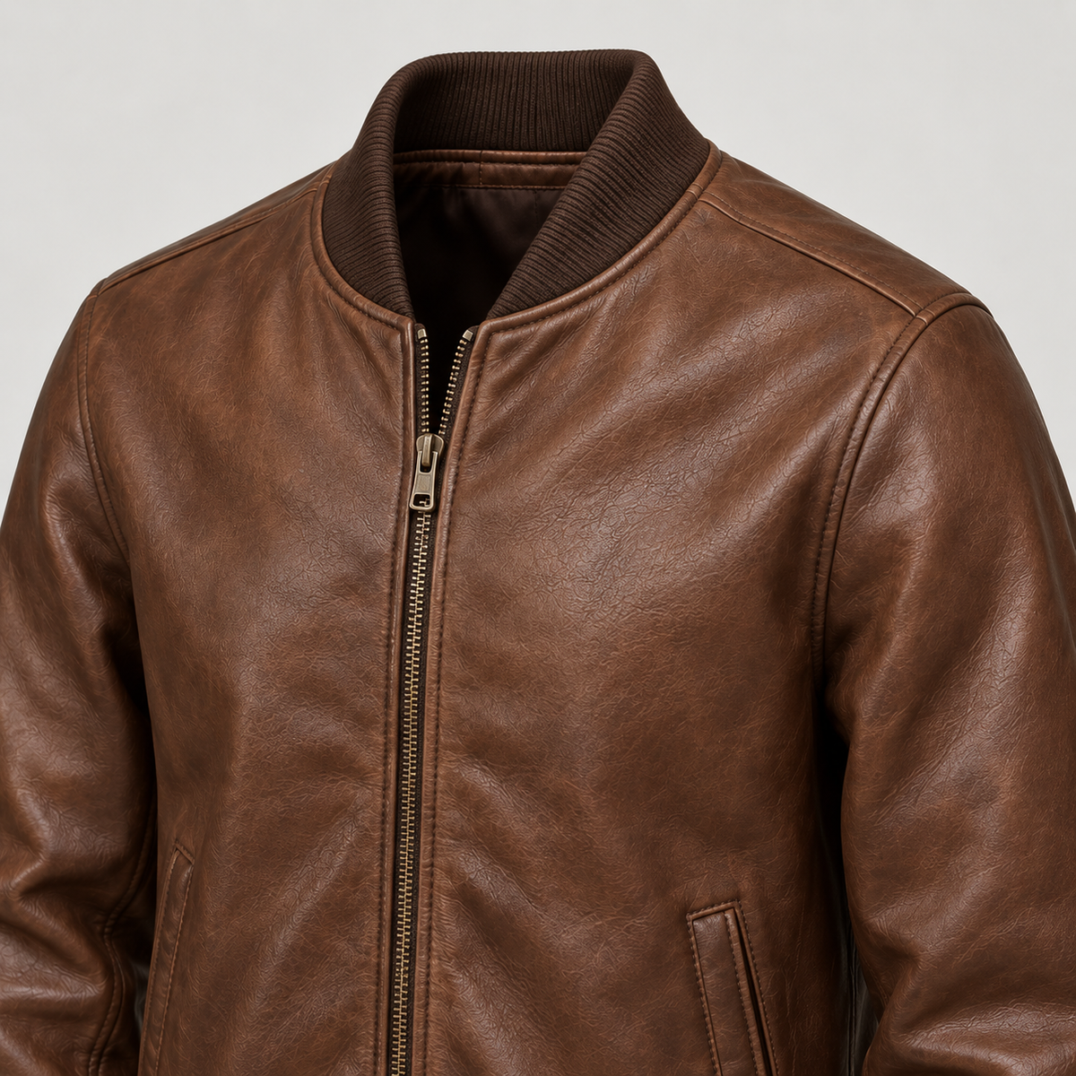 Monal Men's Brown Leather Bomber Jacket — collar detail — AI-generated illustration
