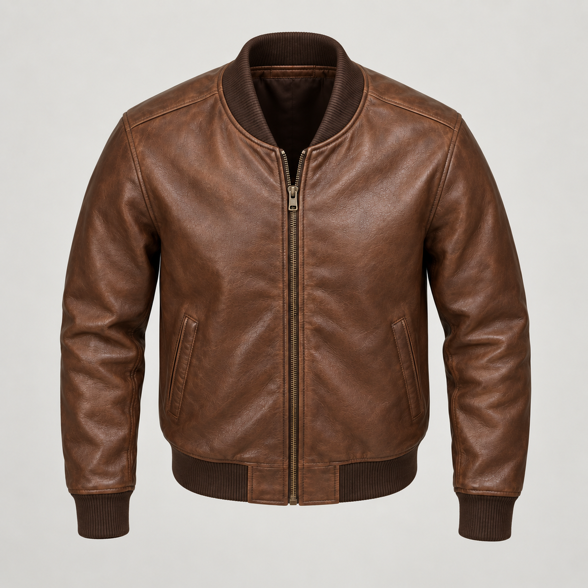 Monal Men's Brown Leather Bomber Jacket — elevated front — AI-generated illustration