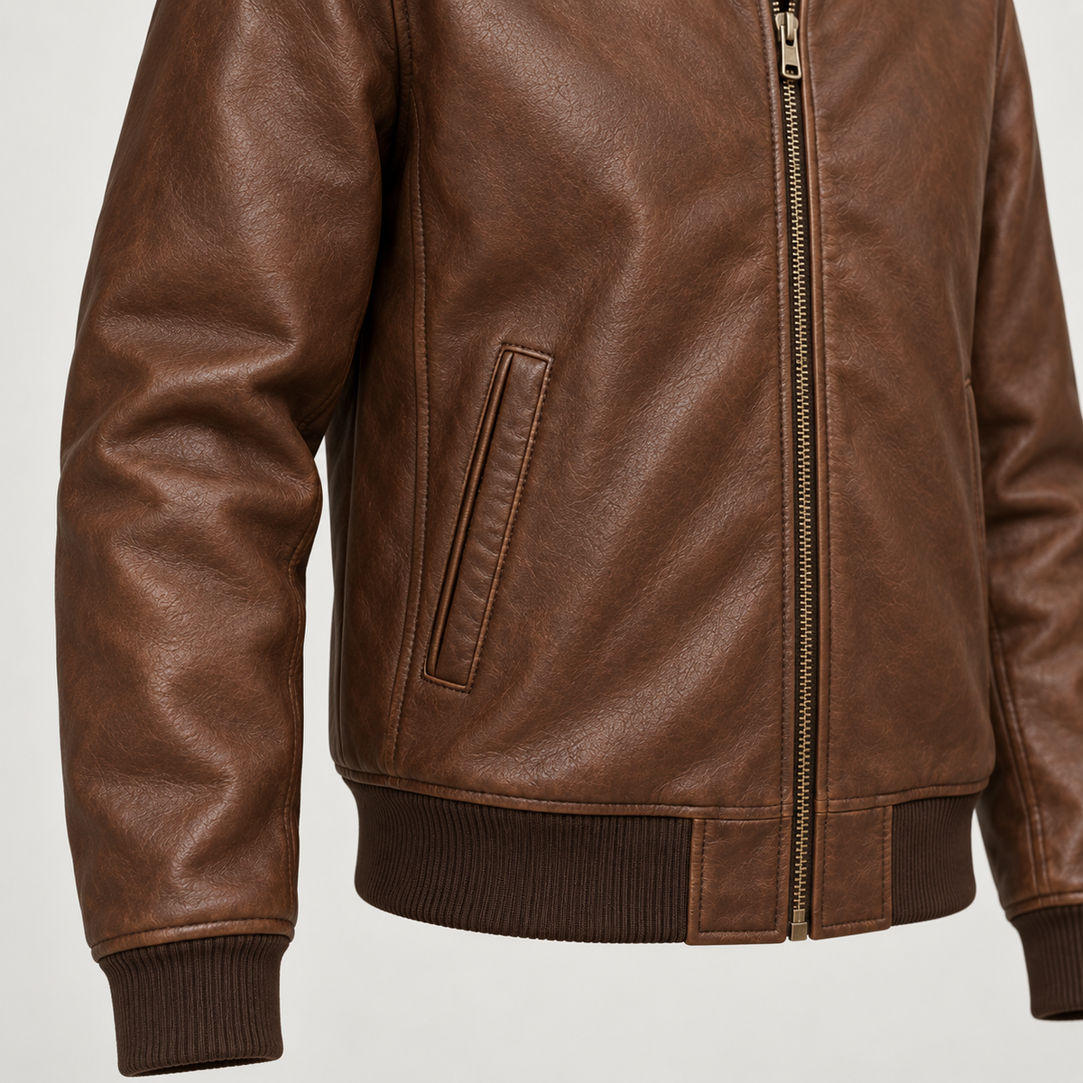 Monal Men's Brown Leather Bomber Jacket — pocket detail — AI-generated illustration