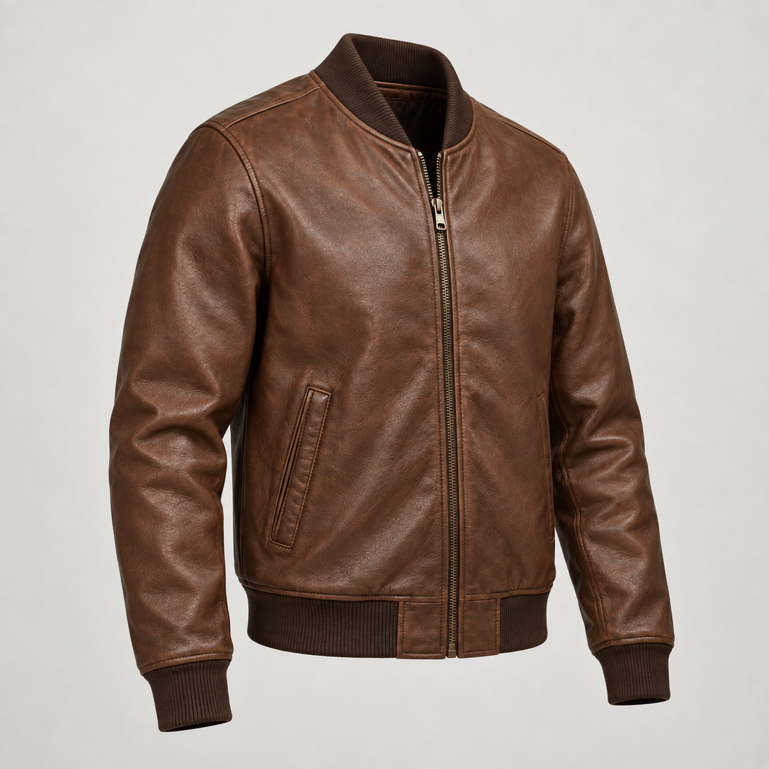 Men's Brown Leather Bomber Jacket — AI concept image