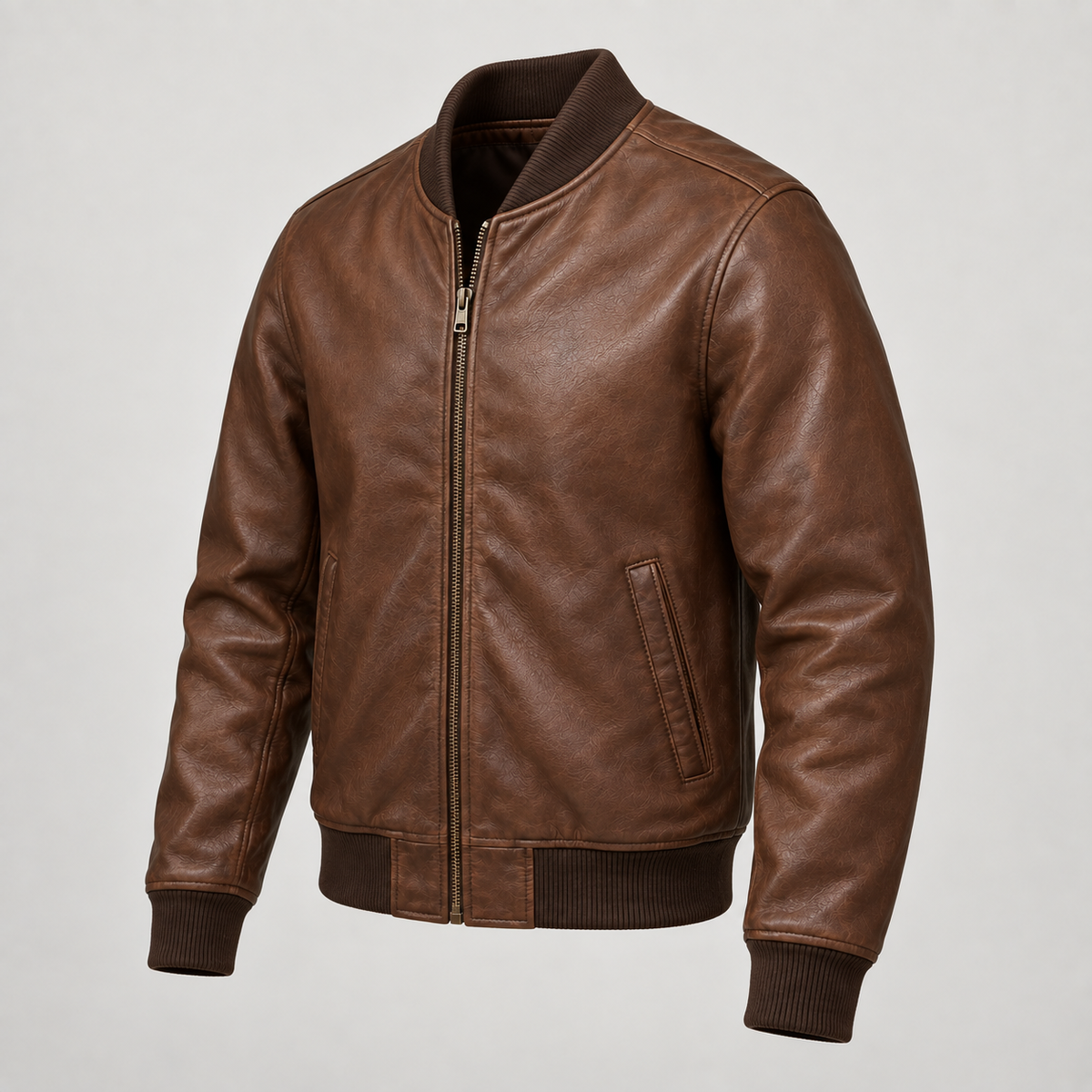 Monal Men's Brown Leather Bomber Jacket — three quarter view B — AI-generated illustration