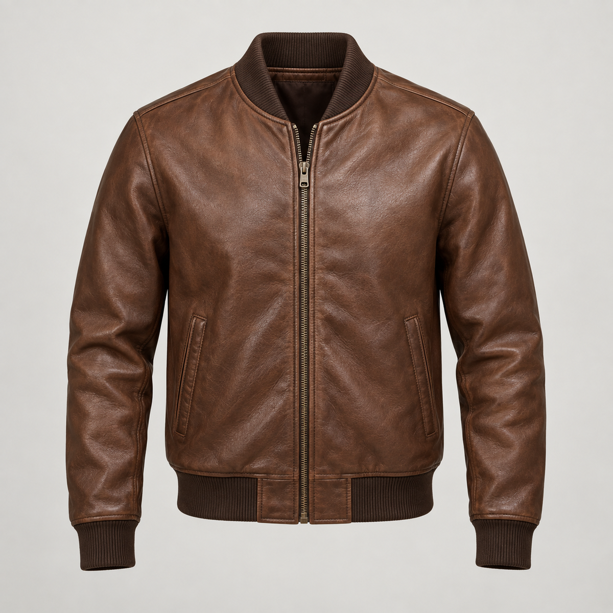 Men's Brown Leather Bomber Jacket — AI concept image