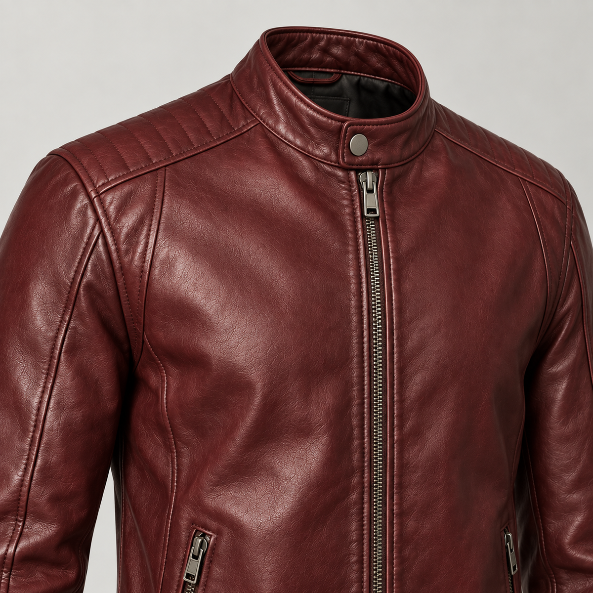 Monal Men's Burgundy Leather Moto Jacket — collar detail — AI-generated illustration