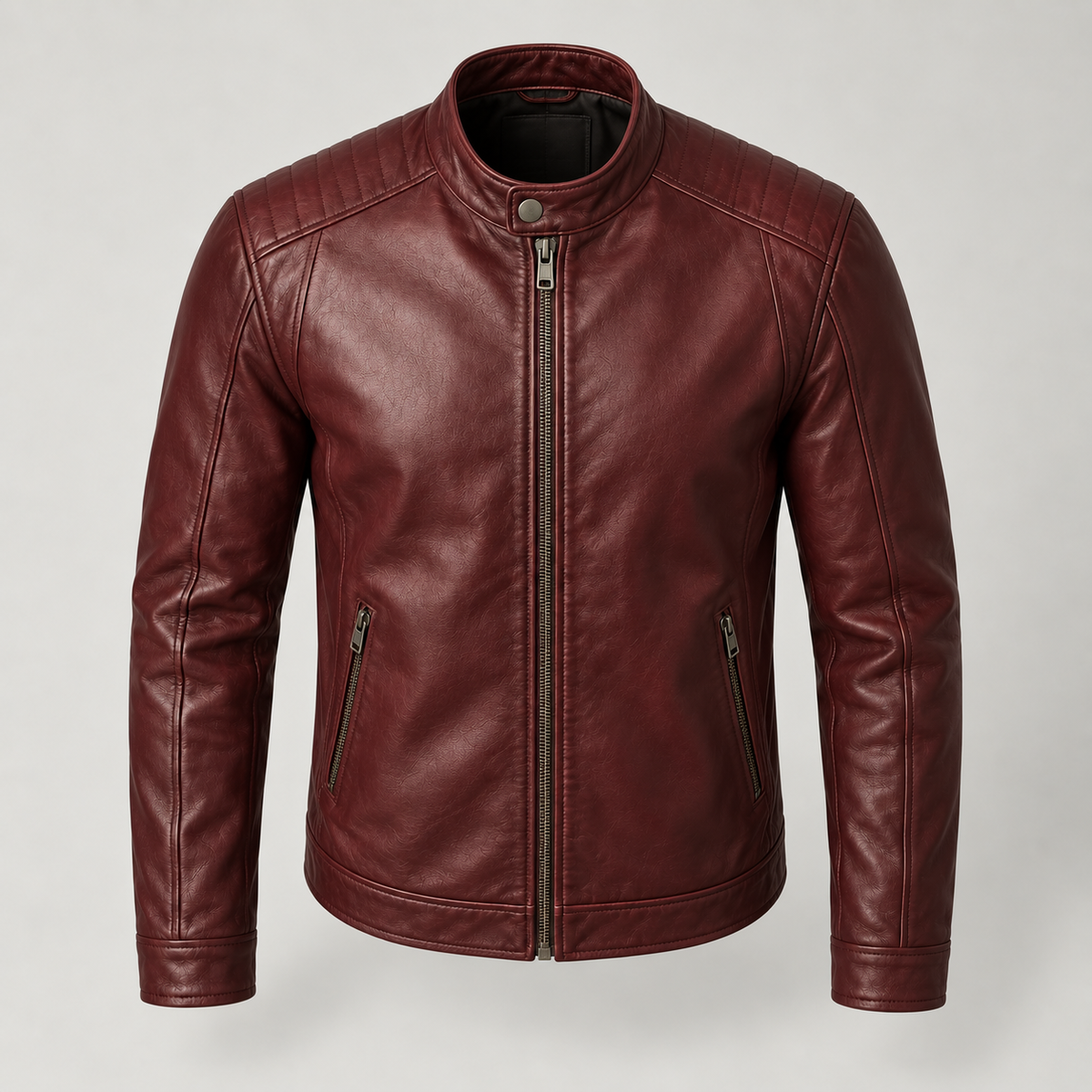 Monal Men's Burgundy Leather Moto Jacket — elevated front — AI-generated illustration