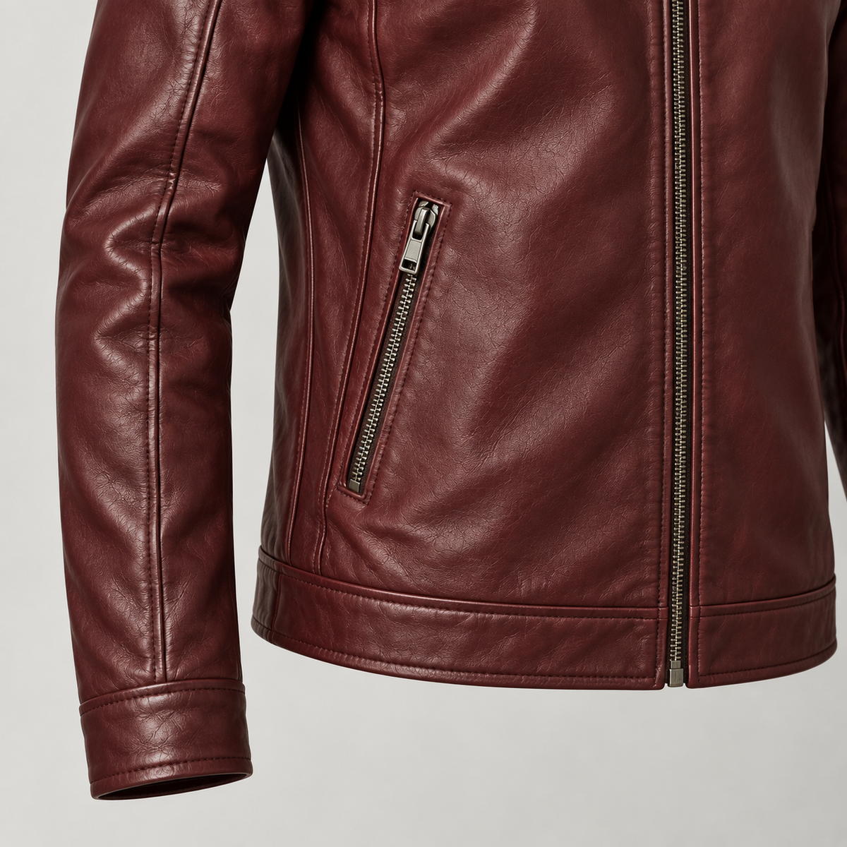 Monal Men's Burgundy Leather Moto Jacket — pocket detail — AI-generated illustration