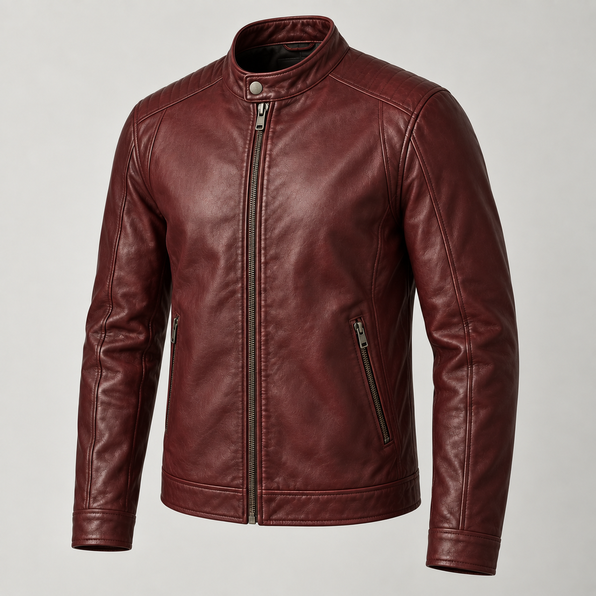 Monal Men's Burgundy Leather Moto Jacket — three quarter view a — AI-generated illustration