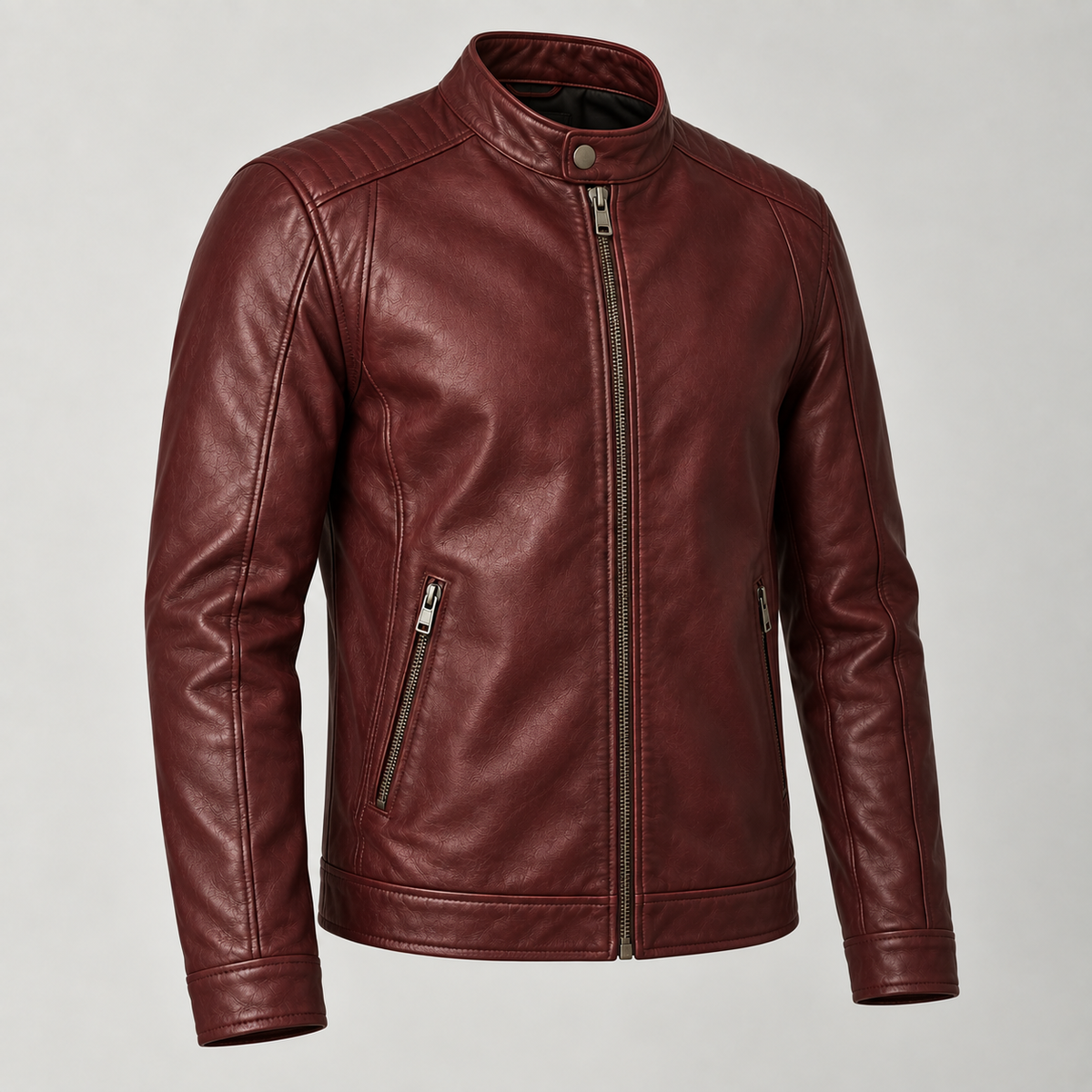Monal Men's Burgundy Leather Moto Jacket — three quarter view b — AI-generated illustration