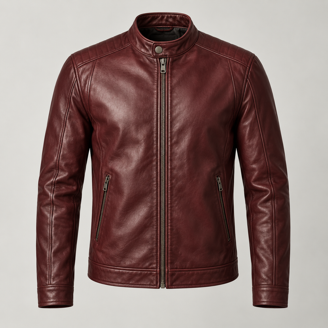 Men's Burgundy Leather Moto Jacket — AI concept image