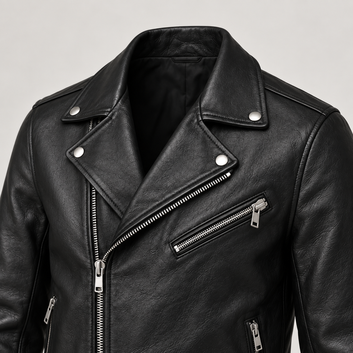 Monal Men's Classic Black Leather Biker Jacket — collar detail — AI-generated illustration