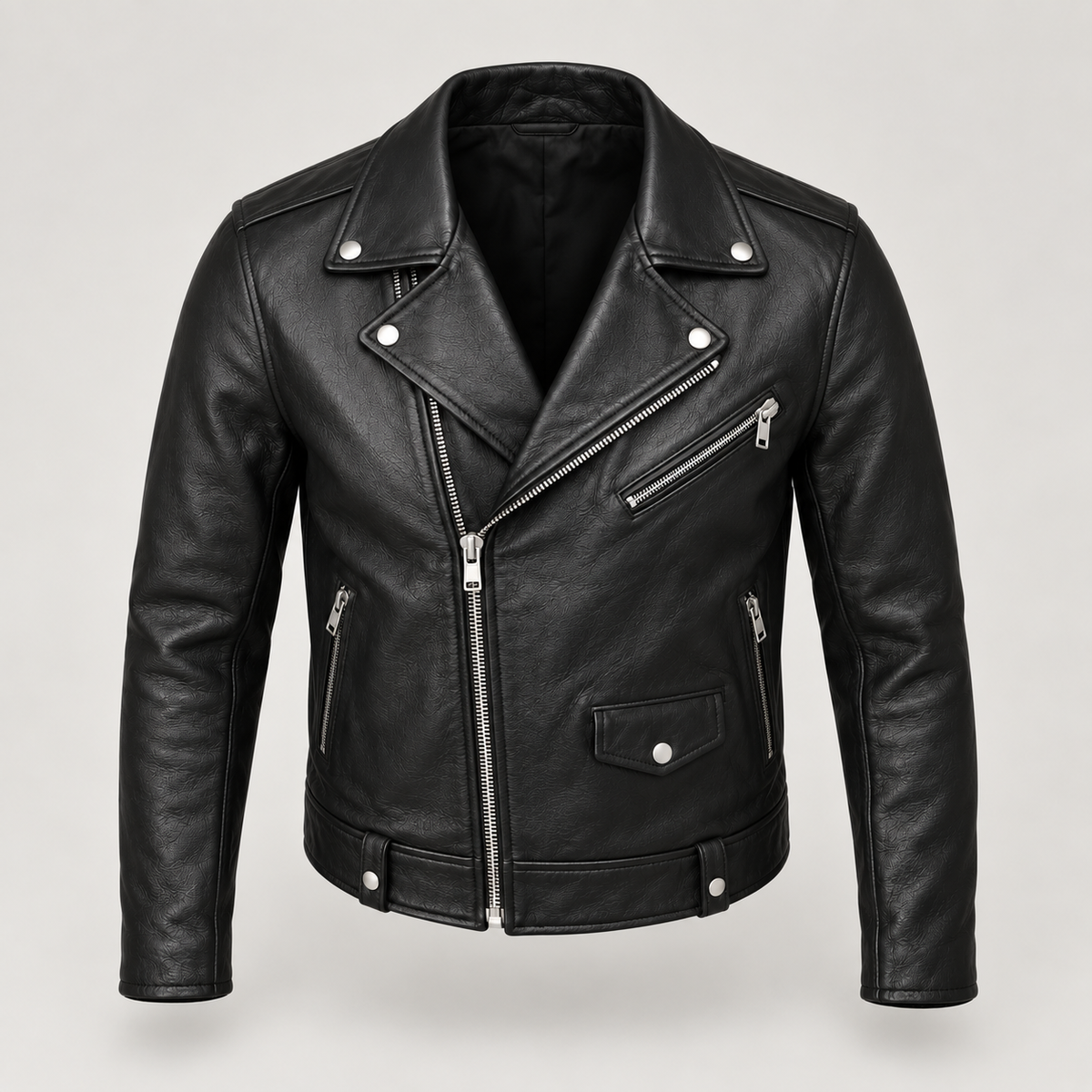 Monal Men's Classic Black Leather Biker Jacket — elevated front — AI-generated illustration