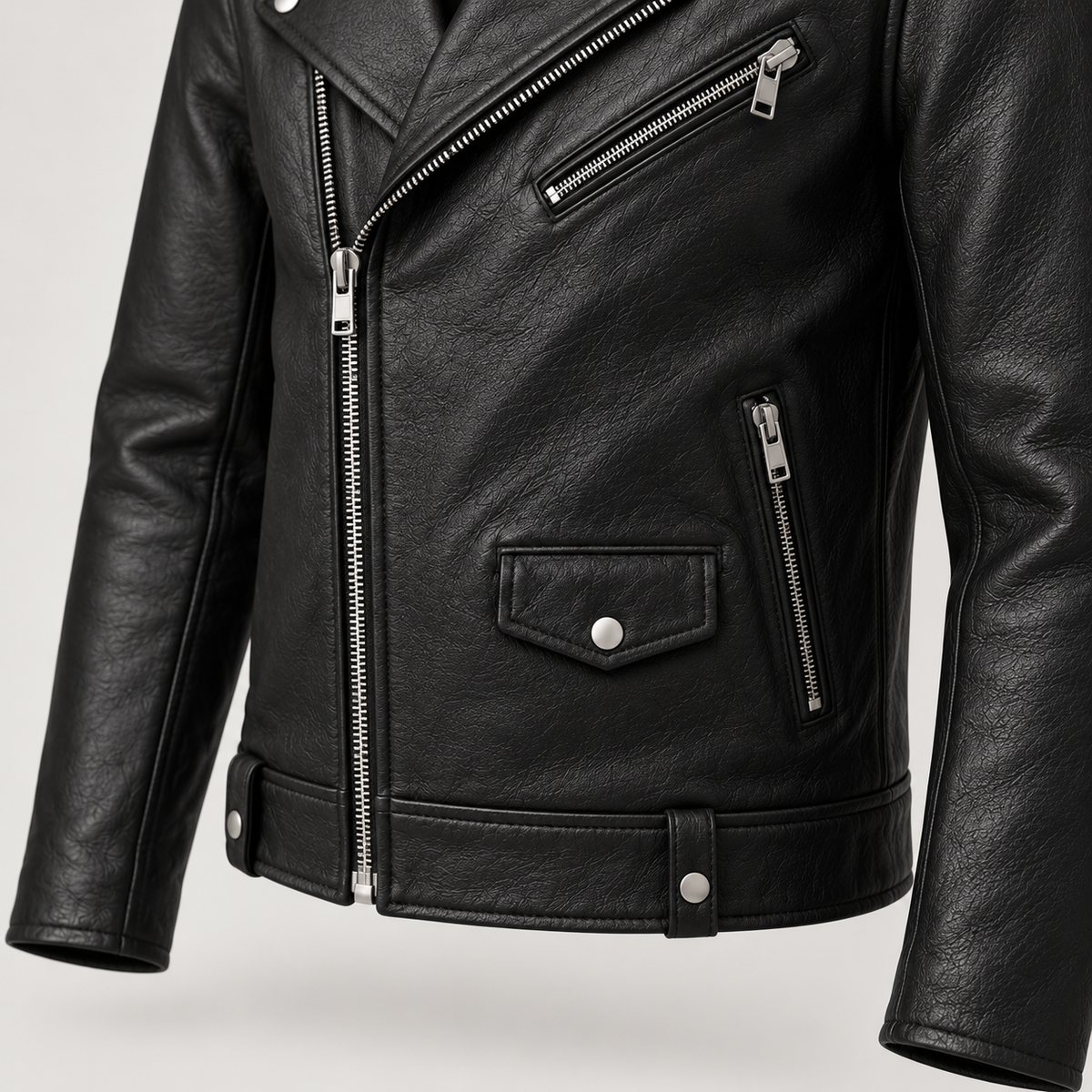 Monal Men's Classic Black Leather Biker Jacket — pocket detail — AI-generated illustration
