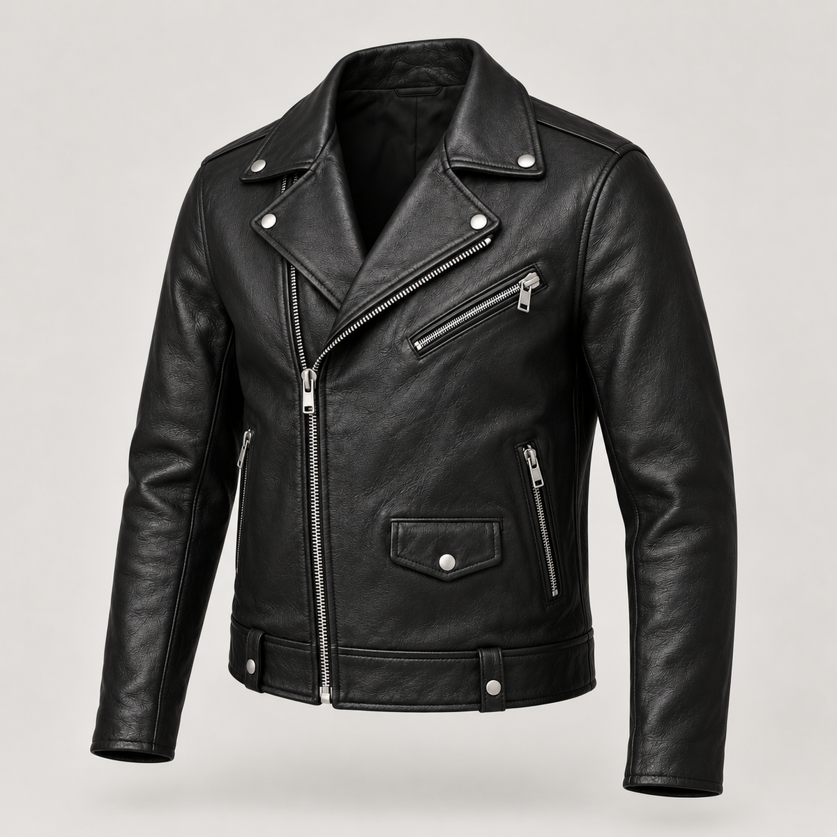 Monal Men's Classic Black Leather Biker Jacket — three quarter view a — AI-generated illustration