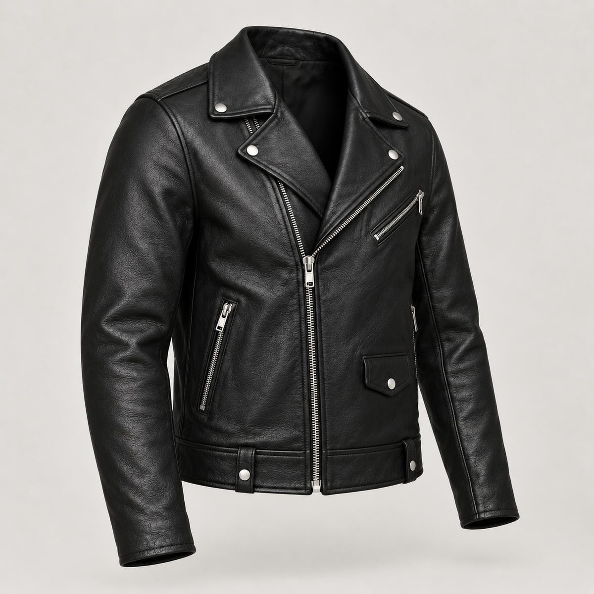 Monal Men's Classic Black Leather Biker Jacket — three quarter view B — AI-generated illustration