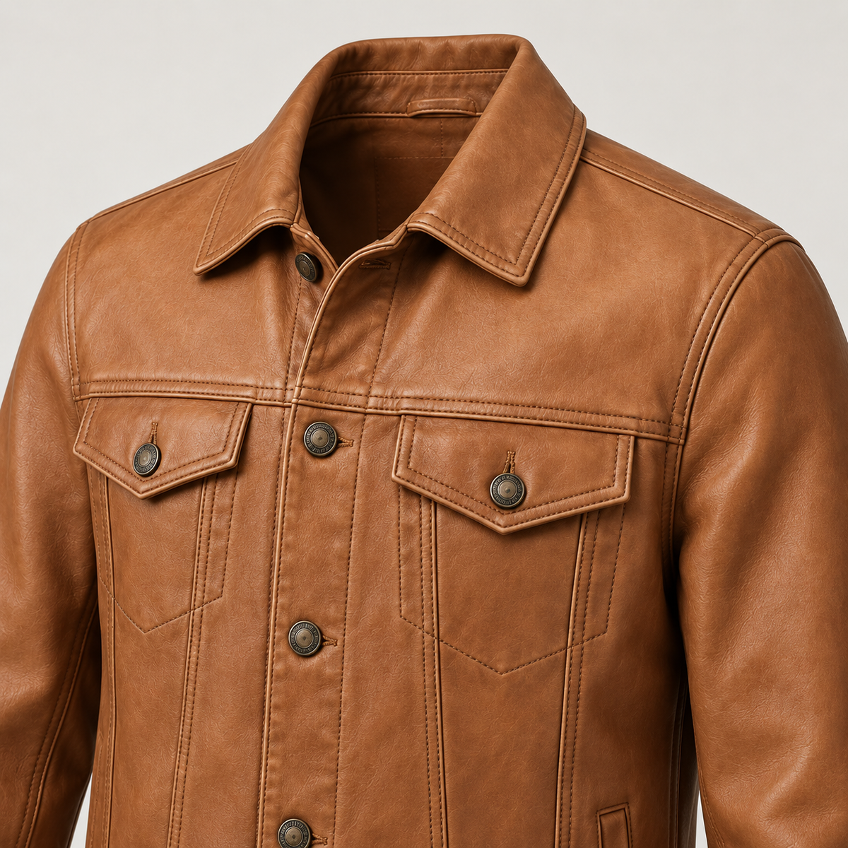 Monal Men's Tan Leather Trucker Jacket — collar detail — AI-generated illustration