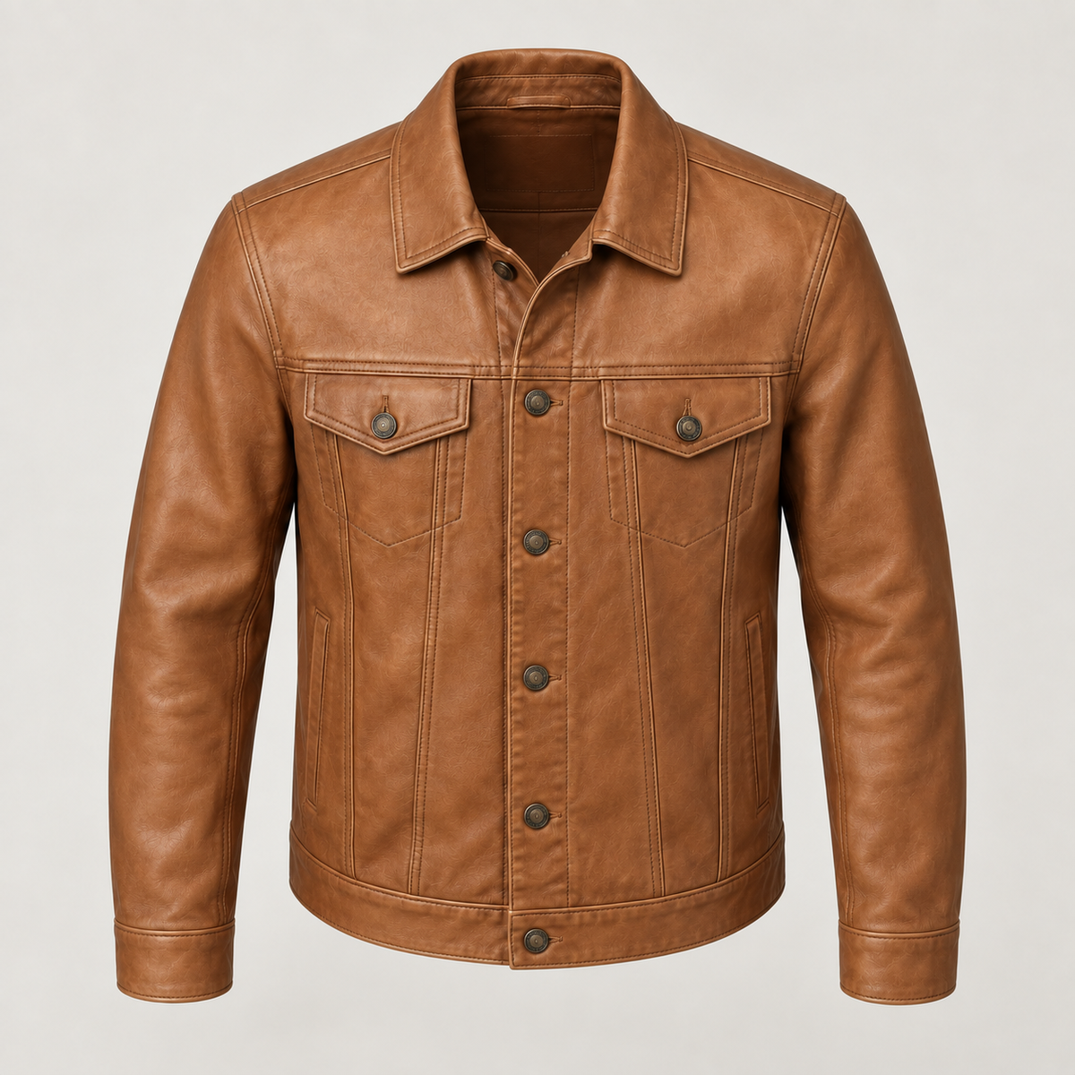 Monal Men's Tan Leather Trucker Jacket — elevated front — AI-generated illustration