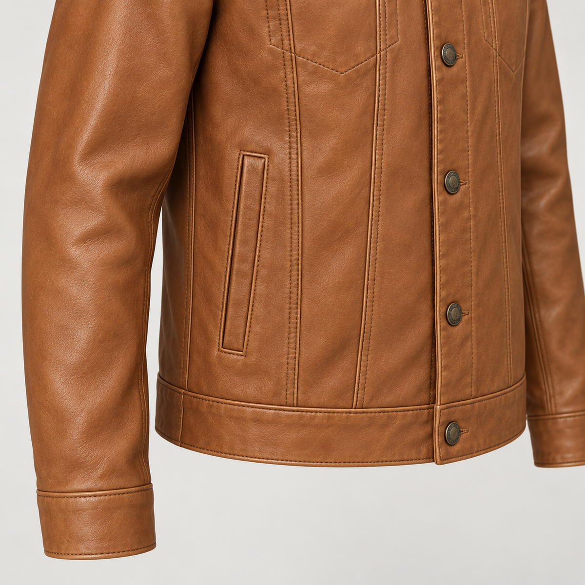 Monal Men's Tan Leather Trucker Jacket — pocket detail — AI-generated illustration