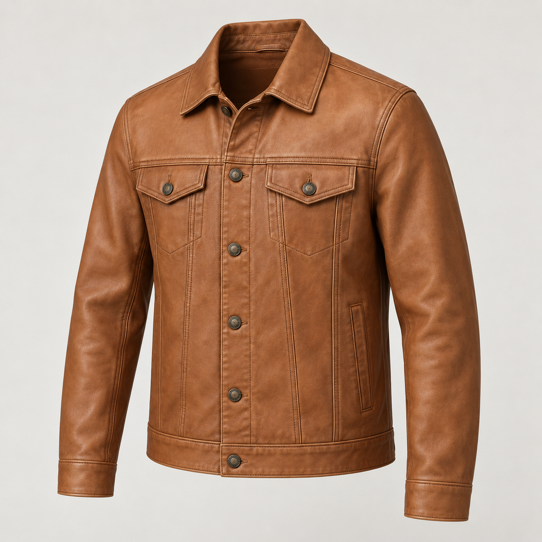 Men's Tan Leather Trucker Jacket — AI concept image
