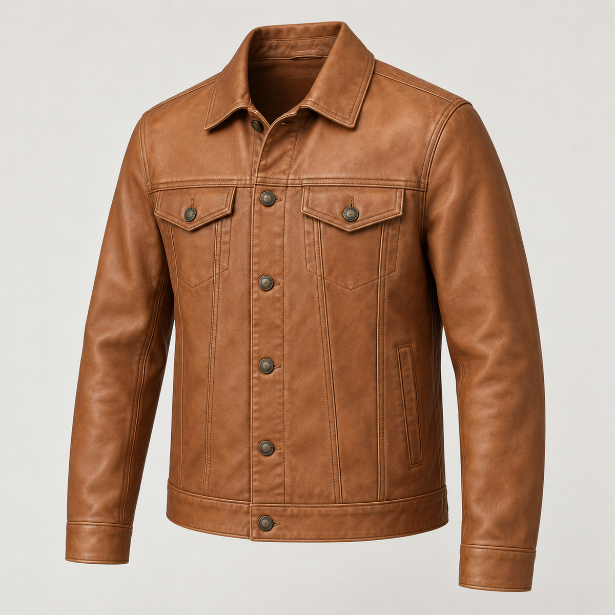 Monal Men's Tan Leather Trucker Jacket — three quarter view a — AI-generated illustration