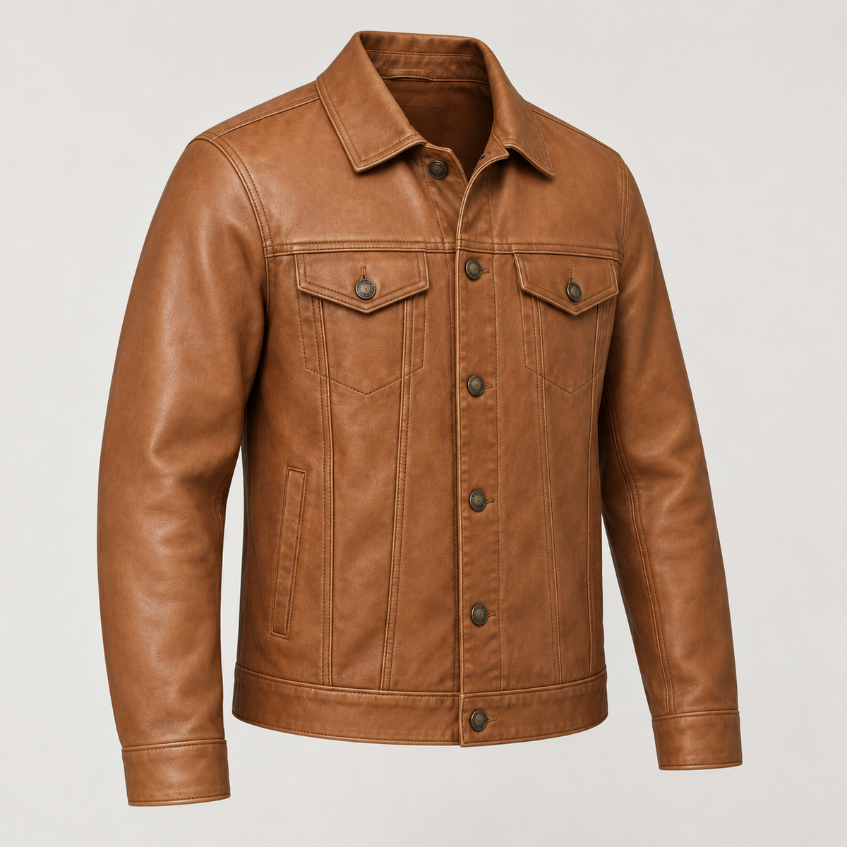 Monal Men's Tan Leather Trucker Jacket — three quarter view b — AI-generated illustration