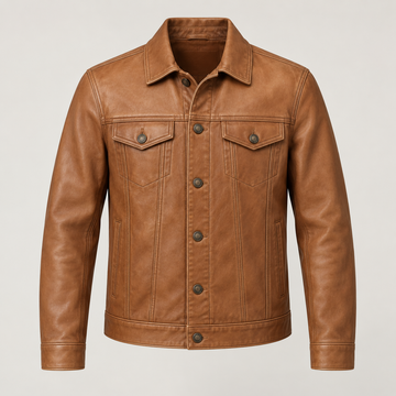 Men's Tan Leather Trucker Jacket — AI concept image