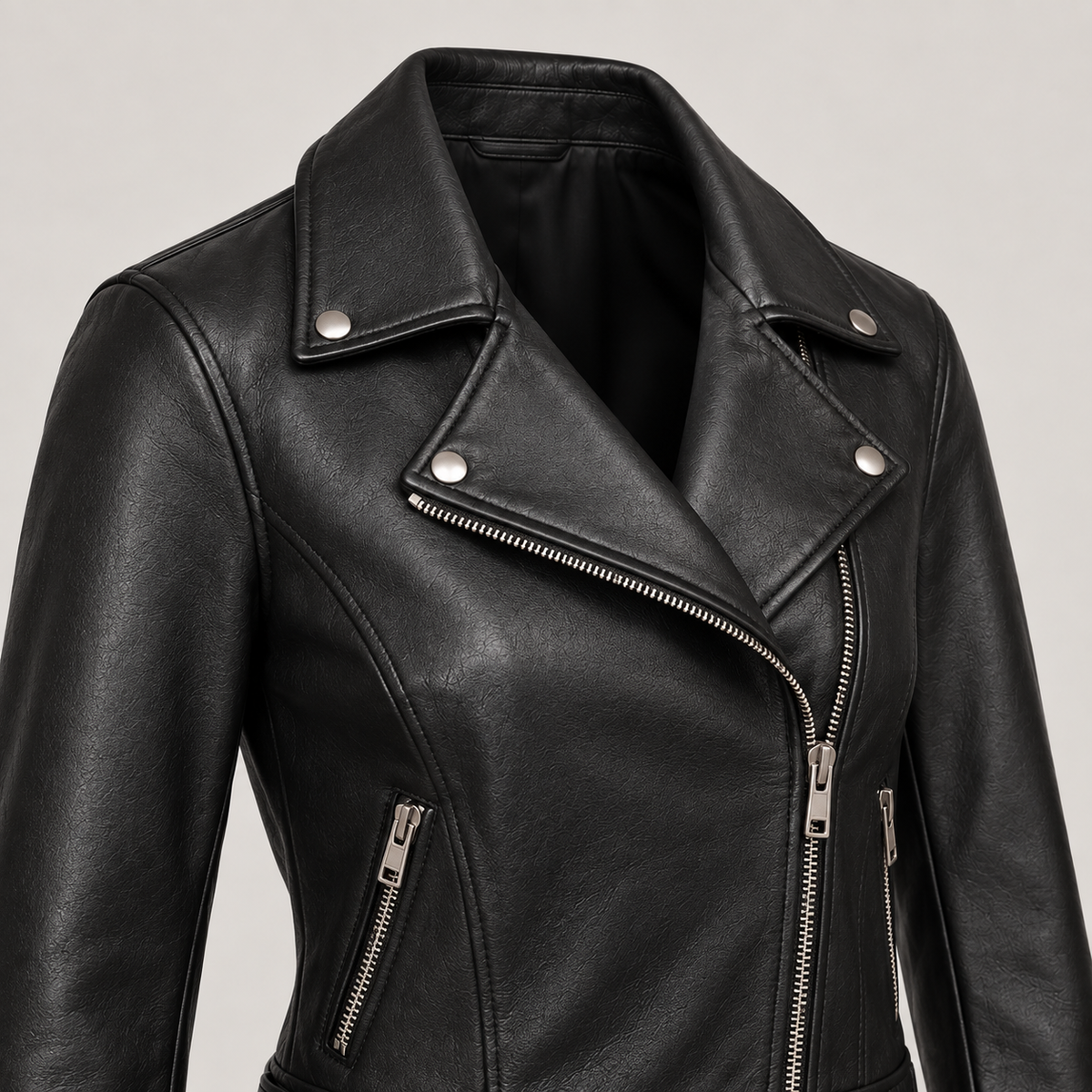 Monal Women's Black Cropped Leather Moto Jacket — collar detail — AI-generated illustration