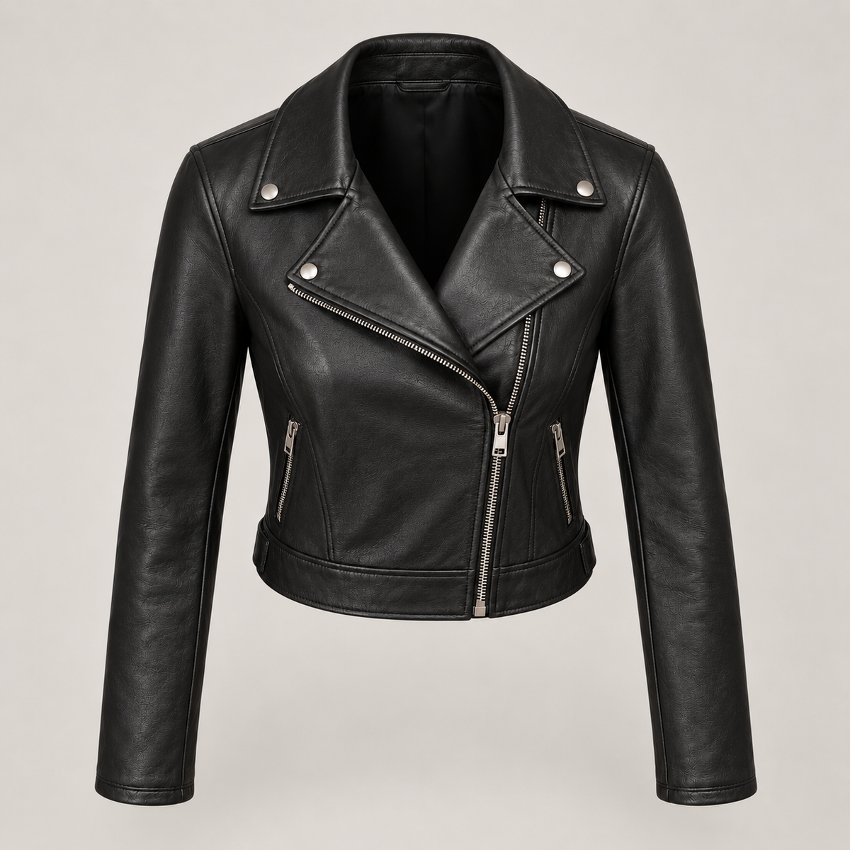 Monal Women's Black Cropped Leather Moto Jacket — elevated front — AI-generated illustration