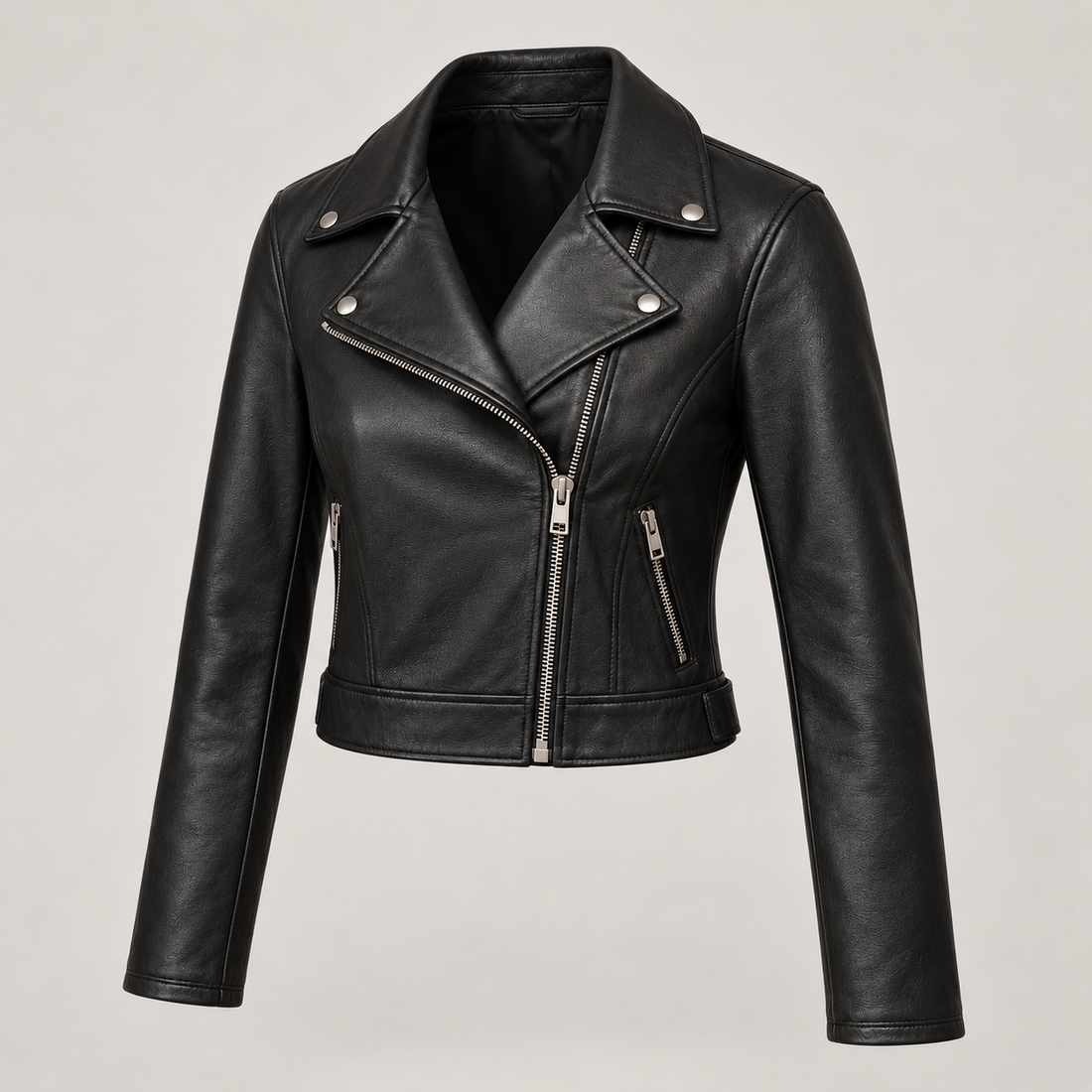 Women's Black Cropped Leather Moto Jacket — AI concept image