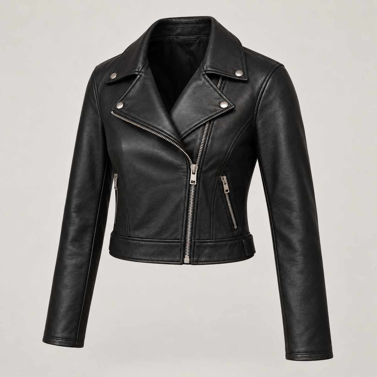 Monal Women's Black Cropped Leather Moto Jacket — three quarter view a — AI-generated illustration
