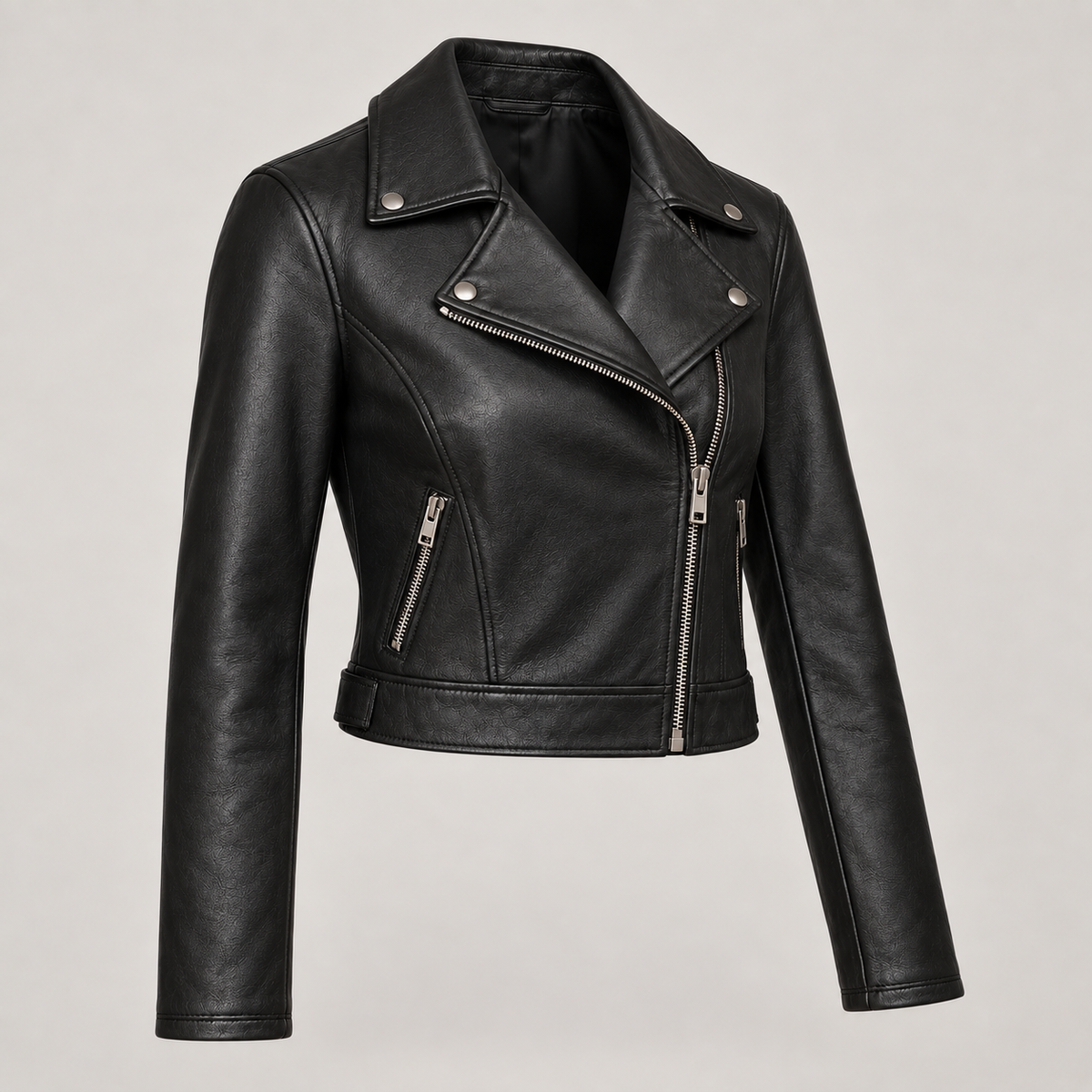 Monal Women's Black Cropped Leather Moto Jacket — three quarter view b — AI-generated illustration