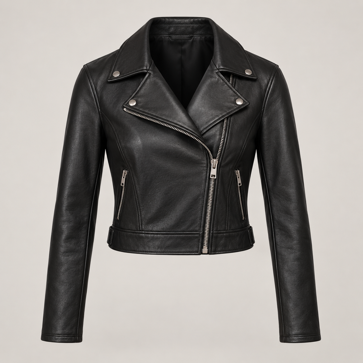 Women's Black Cropped Leather Moto Jacket — AI concept image