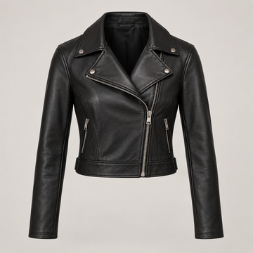 Women's Black Cropped Leather Moto Jacket — AI concept image