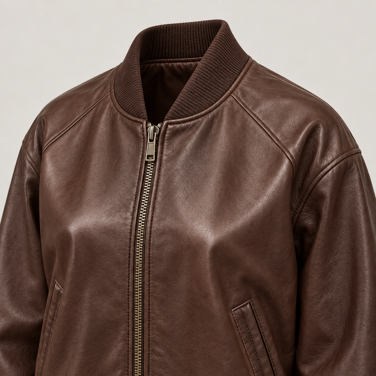 Monal Women's Brown Leather Bomber Jacket — collar detail — AI-generated illustration