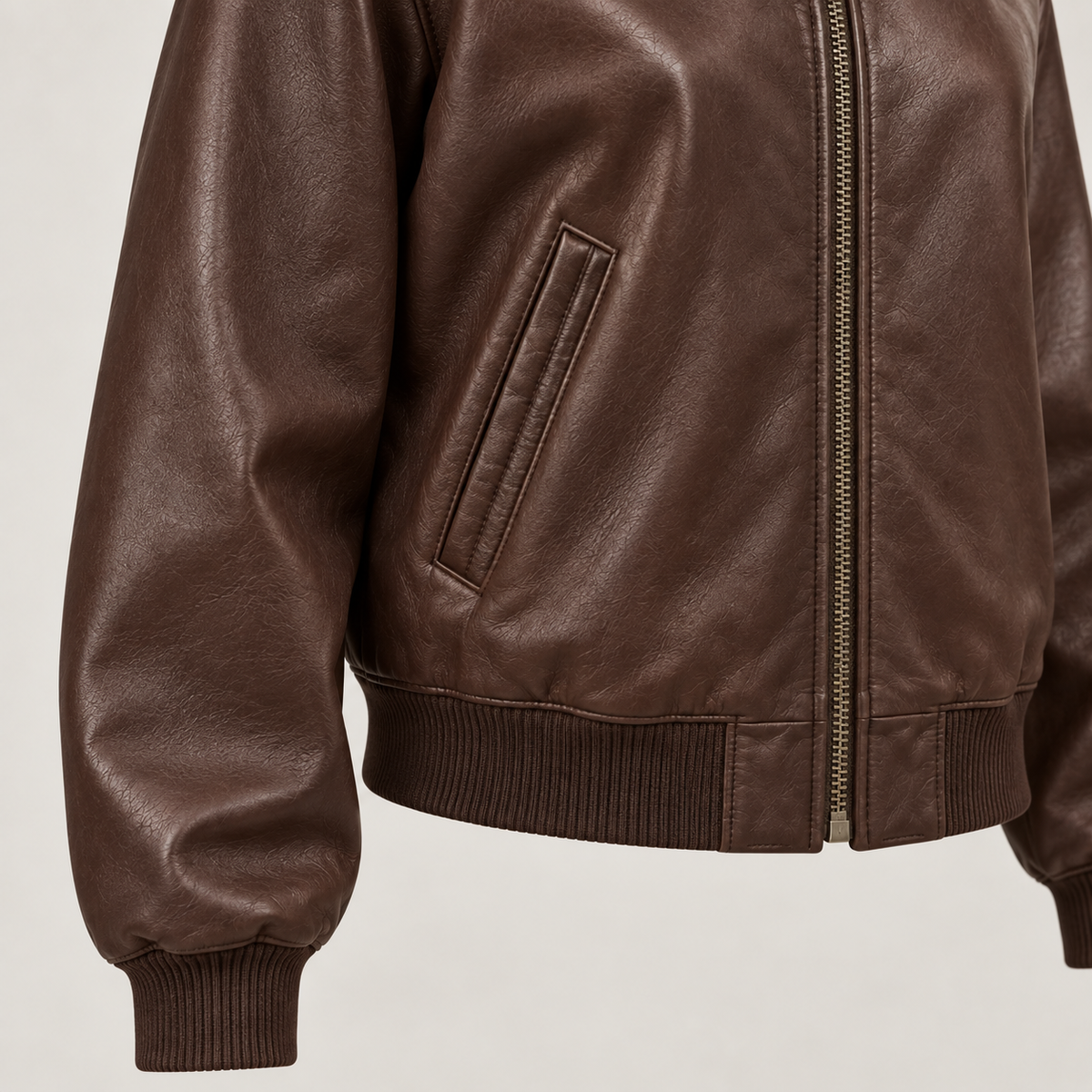 Monal Women's Brown Leather Bomber Jacket — pocket detail — AI-generated illustration