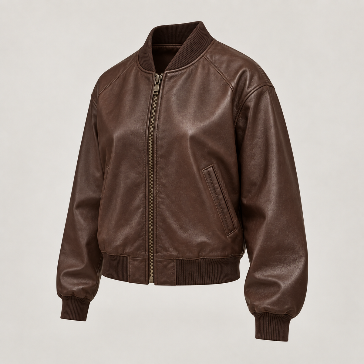 Monal Women's Brown Leather Bomber Jacket — three quarter view b — AI-generated illustration