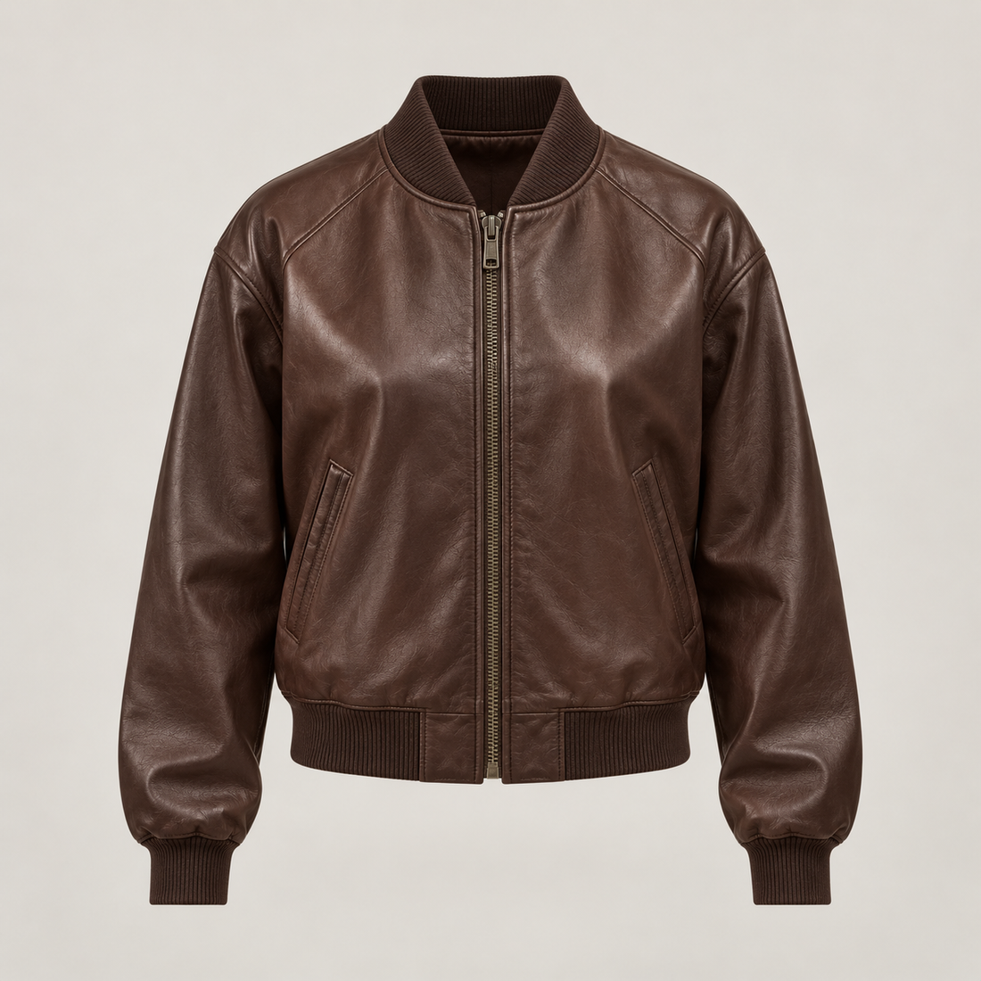 Women's Brown Leather Bomber Jacket — AI concept image
