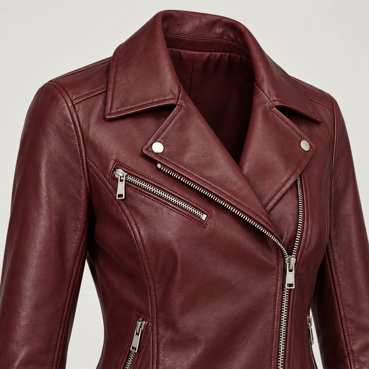 Monal Women's Burgundy Leather Biker Jacket — collar detail — AI-generated illustration