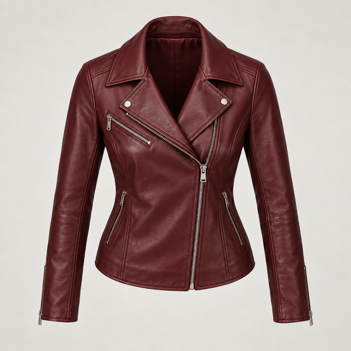 Monal Women's Burgundy Leather Biker Jacket — elevated front — AI-generated illustration