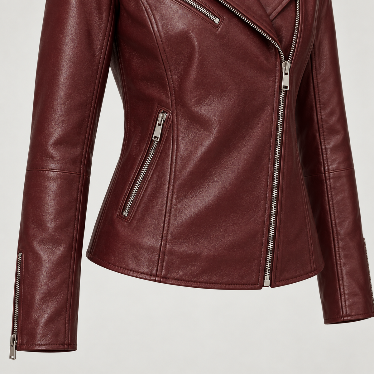 Monal Women's Burgundy Leather Biker Jacket — pocket detail — AI-generated illustration