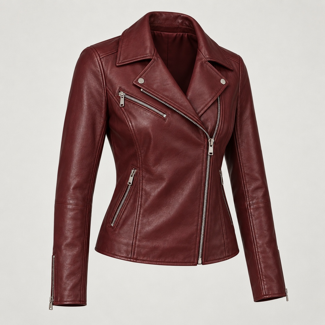 Women's Burgundy Leather Biker Jacket — AI concept image