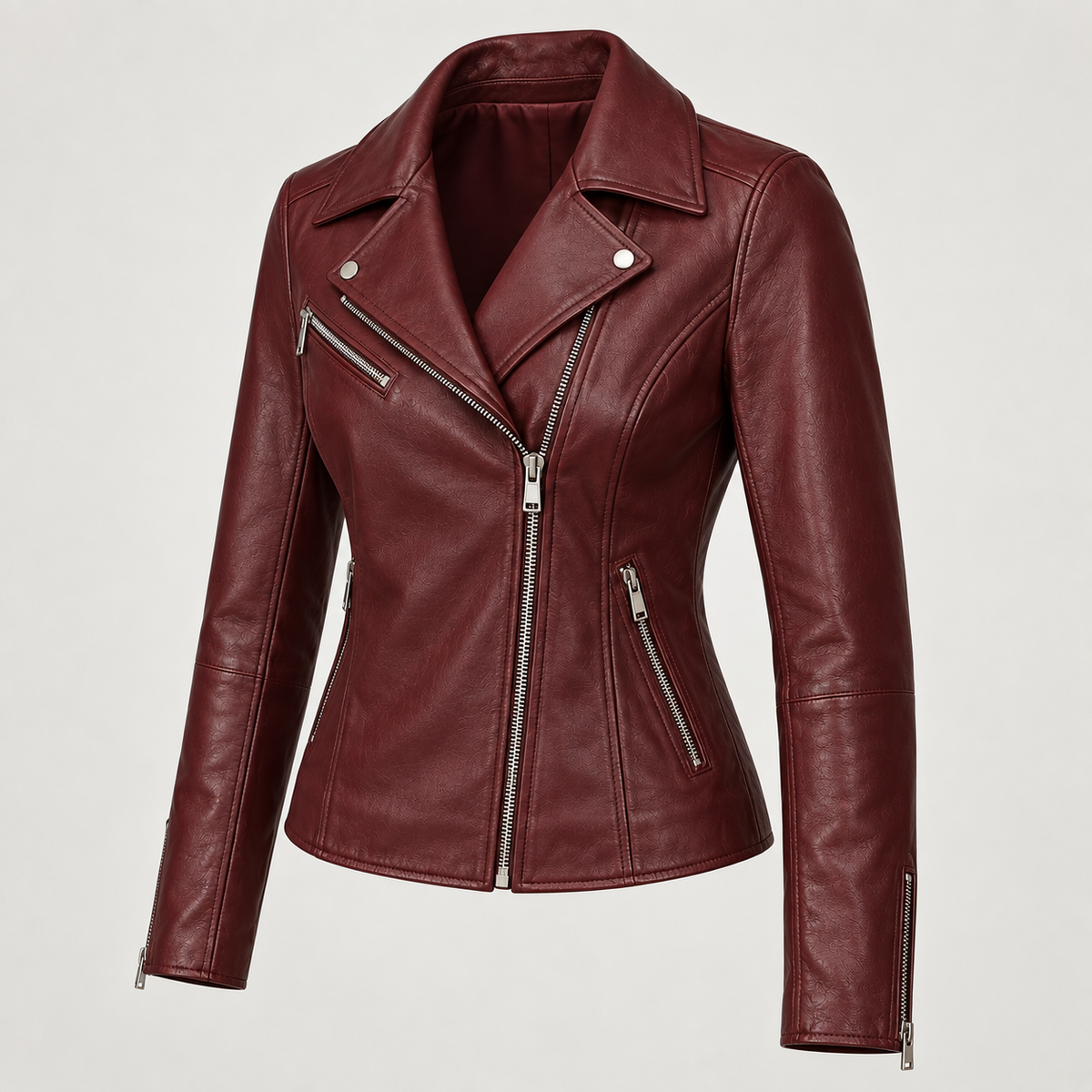 Monal Women's Burgundy Leather Biker Jacket — three quarter view b — AI-generated illustration