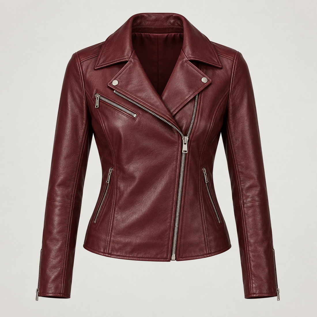 Women's Burgundy Leather Biker Jacket — AI concept image