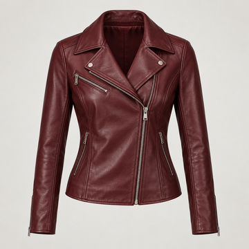 Women's Burgundy Leather Biker Jacket — AI concept image
