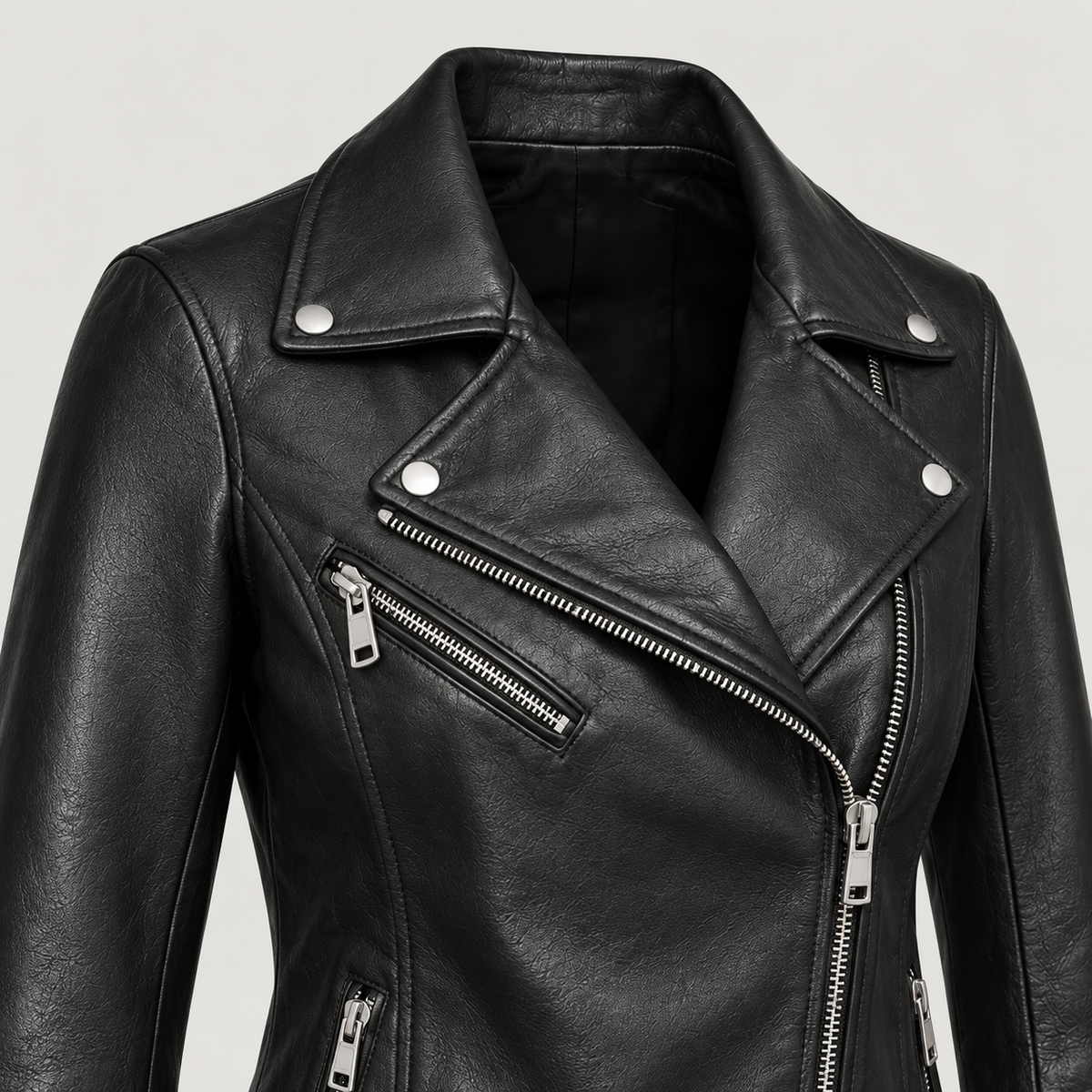 Monal Women's Classic Black Leather Biker Jacket — collar detail — AI-generated illustration