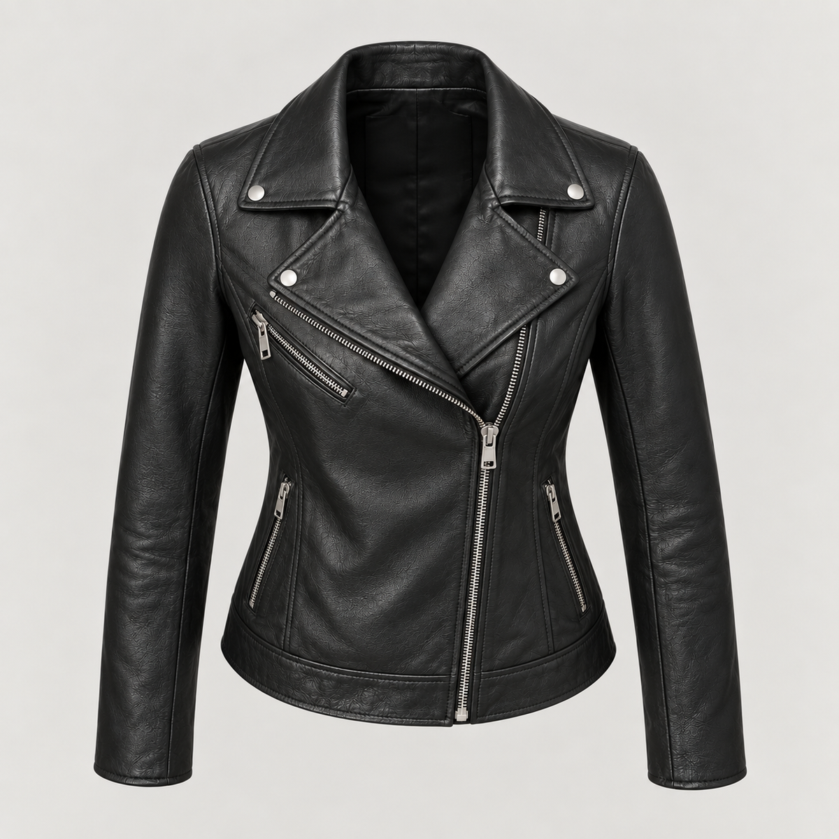 Monal Women's Classic Black Leather Biker Jacket — elevated front — AI-generated illustration