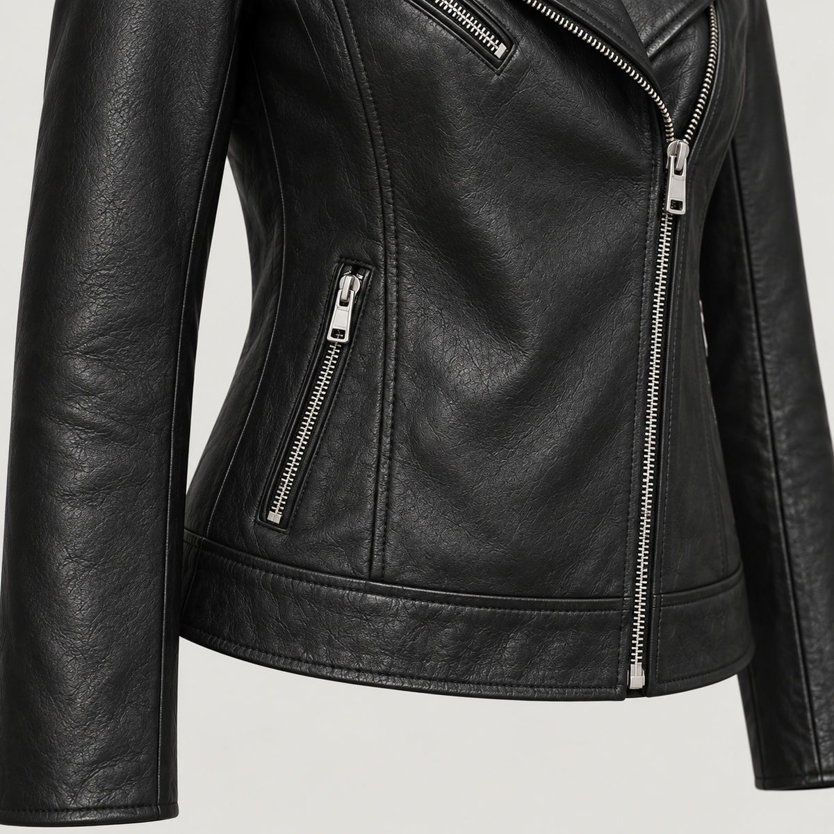 Monal Women's Classic Black Leather Biker Jacket — pocket detail — AI-generated illustration