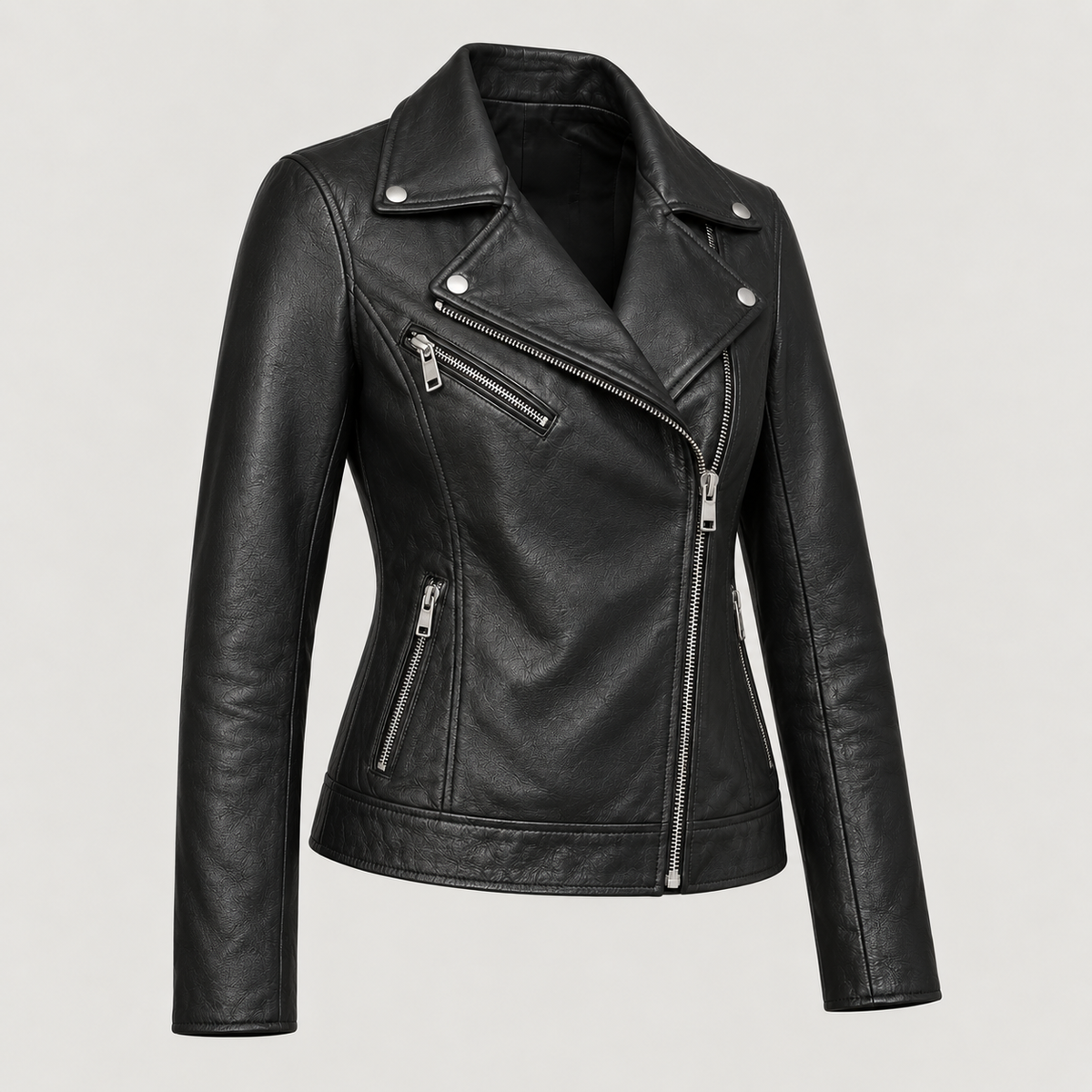 Monal Women's Classic Black Leather Biker Jacket — three quarter view a — AI-generated illustration